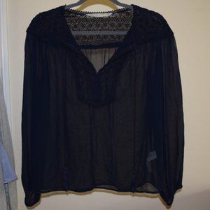 Zara Sheer Dark Blue Blouse w/Eyelet Neckline
